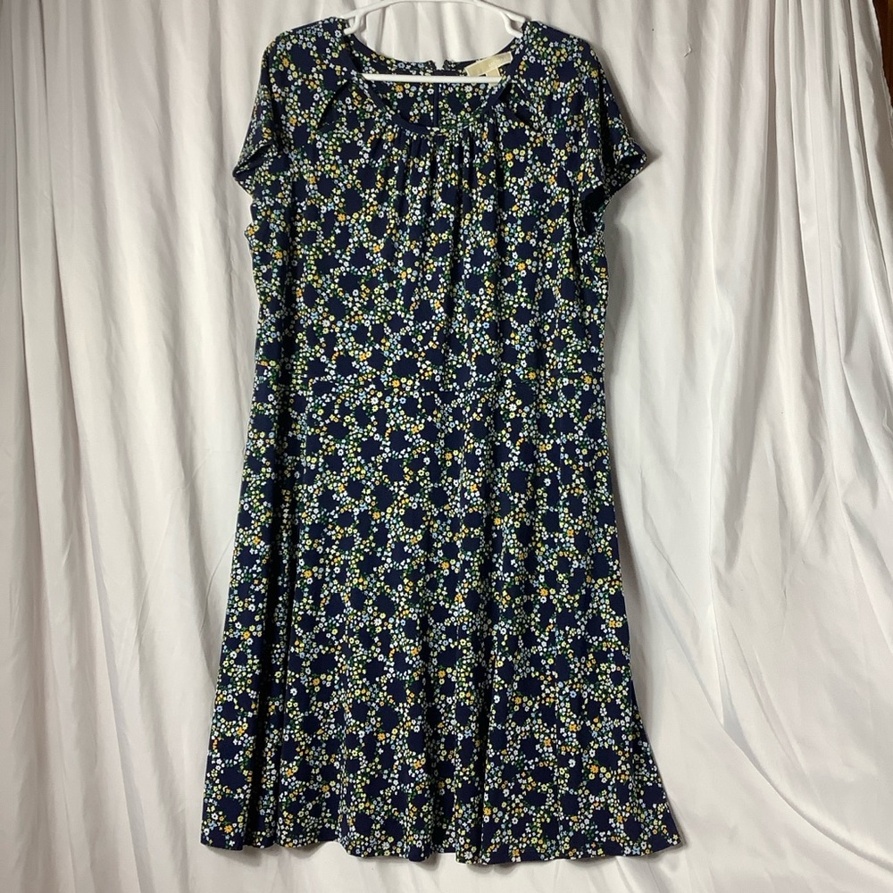 Michael Kors SZ 2X cap sleeve navy and yellow floral knit dress